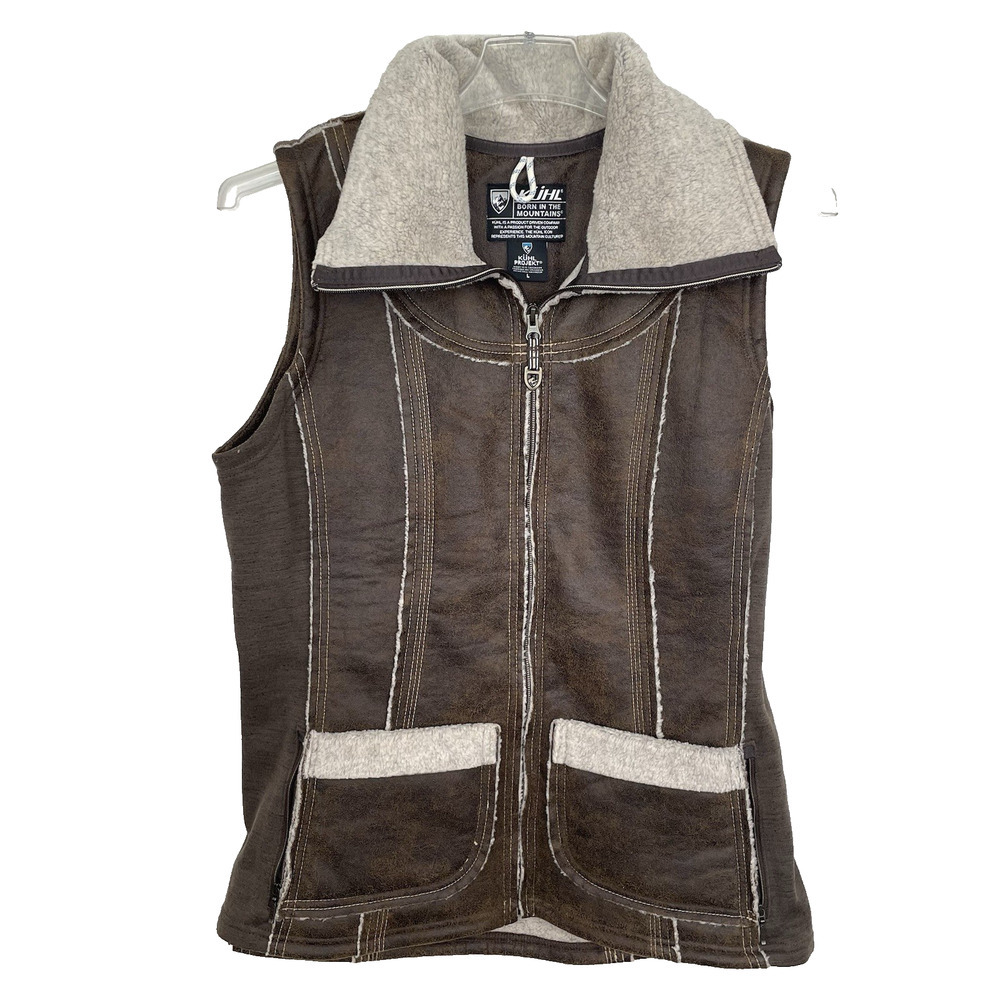 Kuhl Dani Sherpa Vest Women's Large Brown Faux Leather Outdoor Hiking Camping